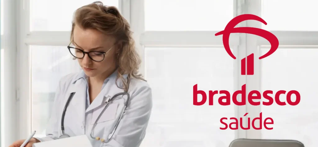 Doutora em consultório com logo da Bradesco Saúde.